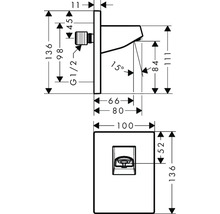 Technische Zeichnung eines Wasserhahns mit Maßangaben