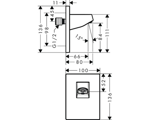 Technische Zeichnung eines Wasserhahns mit Maßangaben