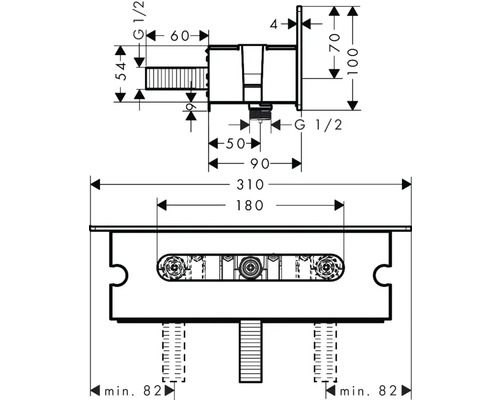 Technische Zeichnung einer Sanitäreinrichtung mit Maßangaben