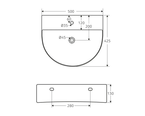 Technische Zeichnung eines Waschbeckens mit Maßangaben