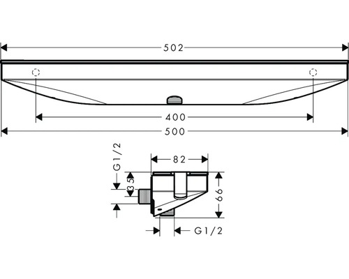 Technische Zeichnung eines Waschbeckens mit Maßangaben