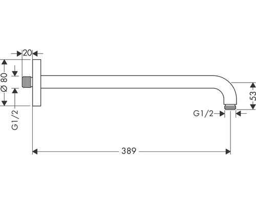 Technische Zeichnung eines Wandauslaufs mit Maßen.
