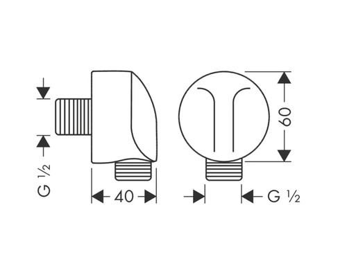 Technische Zeichnung eines Eckventils mit Maßen