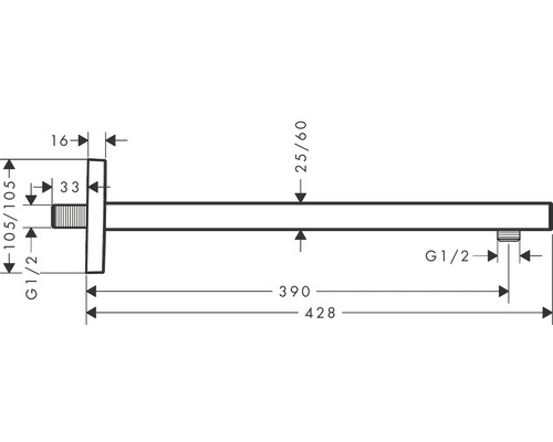 Technische Zeichnung eines Duscharms mit Maßangaben