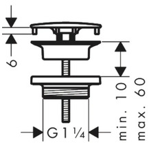 Technische Zeichnung für ein Ablaufventil mit den Maßen G 1 1/4, 6 mm, min. 10 mm, max. 60 mm.