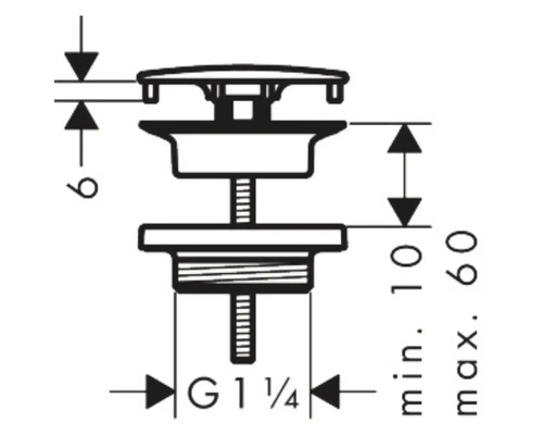 Technische Zeichnung für ein Ablaufventil mit den Maßen G 1 1/4, 6 mm, min. 10 mm, max. 60 mm.