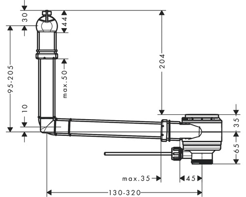 Technische Zeichnung eines Siphons mit Maßangaben