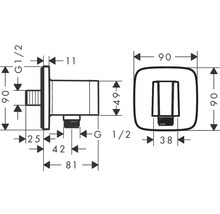 Technische Zeichnung eines Sanitärprodukts mit Maßangaben