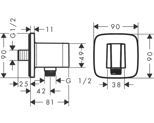 Technische Zeichnung eines Sanitärprodukts mit Maßangaben