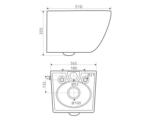 Technische Zeichnung eines Wand-WCs mit Maßangaben