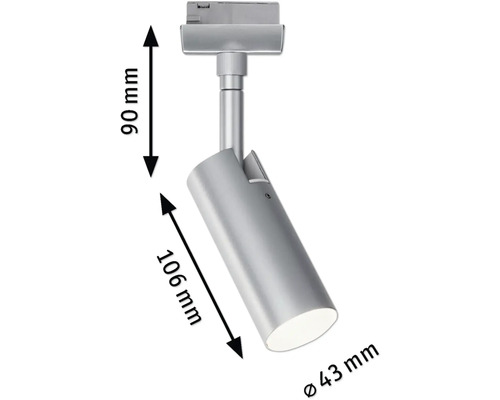 Schienenstrahler mit den Maßen 90 mm, 106 mm und 43 mm Durchmesser