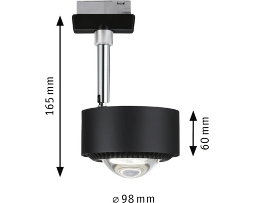 Schwarzer Deckenstrahler mit den Maßen 165 mm Höhe und 98 mm Durchmesser