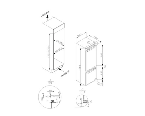 Technische Zeichnung eines Einbaukühlschranks mit Abmessungen