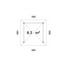 Grundriss mit Abmessungen 300 mal 300 und 384 mal 384 Zentimeter, Fläche 8,3 Quadratmeter