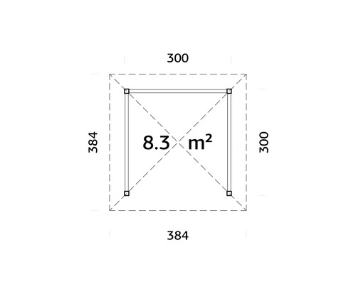 Grundriss mit Abmessungen 300 mal 300 und 384 mal 384 Zentimeter, Fläche 8,3 Quadratmeter