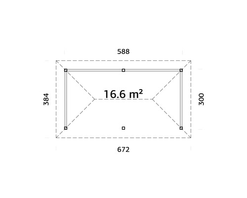 Grundrisszeichnung eines Gartenhauses mit Maßangaben und einer Fläche von 16.6 Quadratmetern