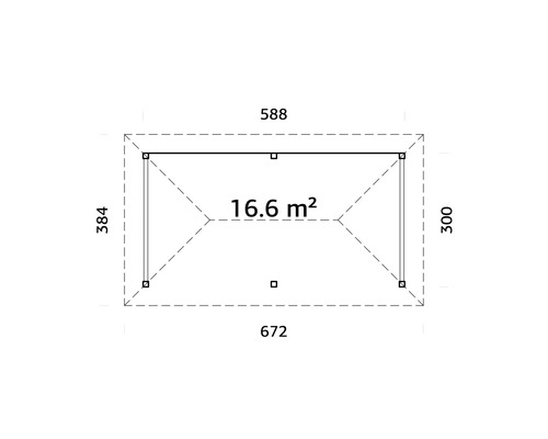 Grundrisszeichnung mit Abmessungen 672 x 384 cm, Fläche 16.6 m²