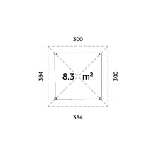 Grundriss mit den Maßen 300 mal 300 und 384 mal 384 und einer Fläche von 8,3 Quadratmetern