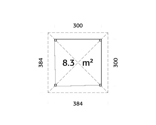 Grundriss mit den Maßen 300 mal 300 und 384 mal 384 und einer Fläche von 8,3 Quadratmetern