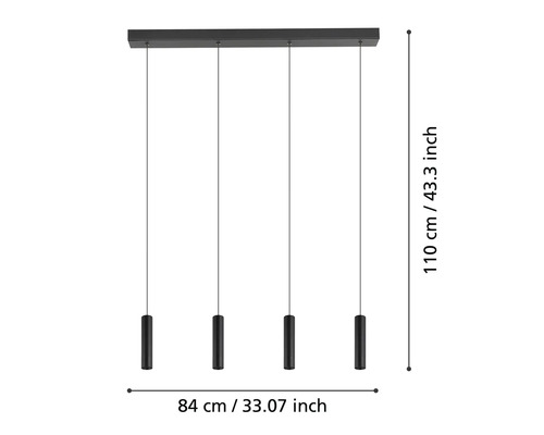 Schwarze Hängeleuchte mit vier Lampen und Maßangaben