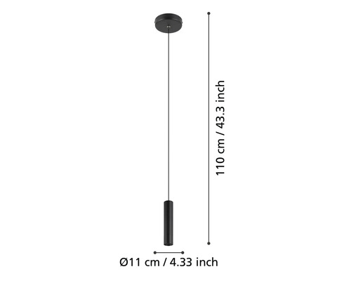Abbildung einer Pendelleuchte mit Maßangaben: 110 cm Länge, 11 cm Durchmesser