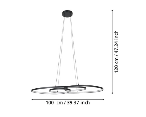 Hängelampe mit drei Ringen und den Maßen 100 Zentimeter mal 120 Zentimeter
