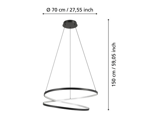 Dekorative Hängeleuchte mit den Maßen 70 cm Durchmesser und 150 cm Höhe.