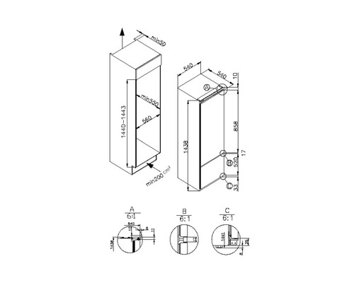 Technische Zeichnung eines Hochschranks mit Maßangaben