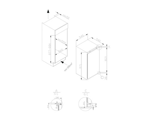 Maßzeichnung eines Küchenschranks mit allen Maßangaben