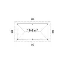 Grundriss mit den Maßen 384, 588, 672 und 300 mit einer Fläche von 16,6 Quadratmetern