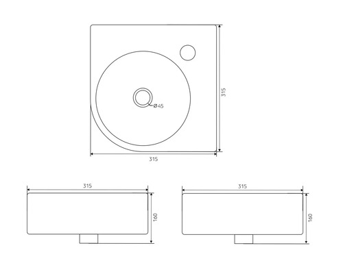 Technische Zeichnung eines Waschtisches mit Maßen.