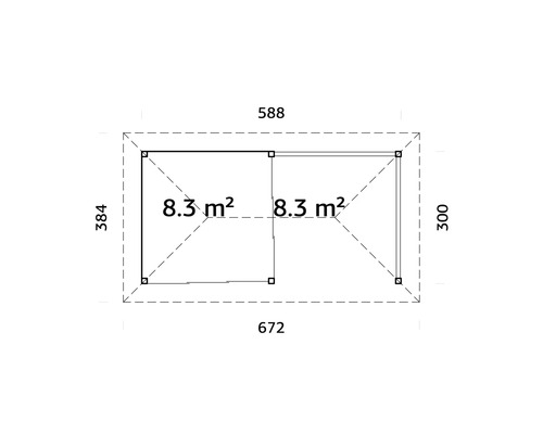 Grundriss eines Gartenhauses mit Abmessungen und Flächenangaben