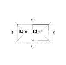 Grundriss eines Gartenhauses mit den Maßen 384 x 672 x 300 cm und einer Fläche von 8,3 Quadratmetern pro Raum