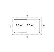 Grundriss mit Maßen eines Gartenhauses, Fläche 8,3 Quadratmeter