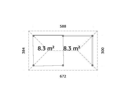 Grundriss mit Maßen eines Gartenhauses, Fläche 8,3 Quadratmeter