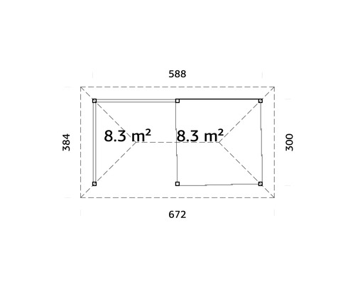Grundrisszeichnung mit Abmessungen eines Hauses: 588 Zentimeter mal 672 Zentimeter, Raumflächen von jeweils 8,3 Quadratmetern.