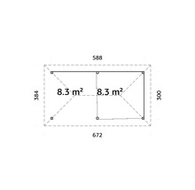 Grundrisszeichnung eines Gartenhauses mit Größenangaben.