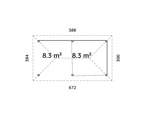 Grundrisszeichnung eines Gartenhauses mit Größenangaben.