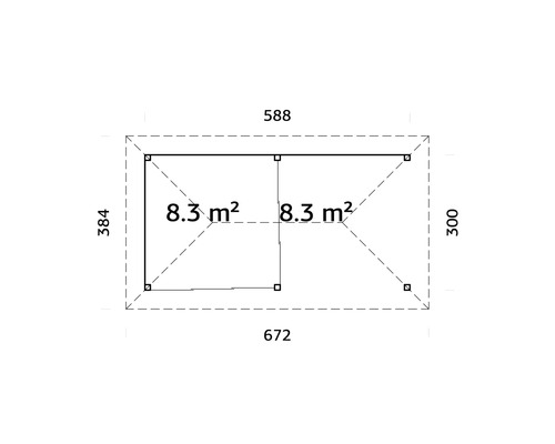 Grundriss mit Abmessungen eines Gartenhauses mit 8,3 Quadratmeter Fläche