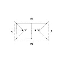 Grundriss eines Gartenhauses mit den Maßen 672 mal 384 Zentimeter und 588 mal 300 Zentimeter sowie einer Fläche von 8,3 Quadratmetern.