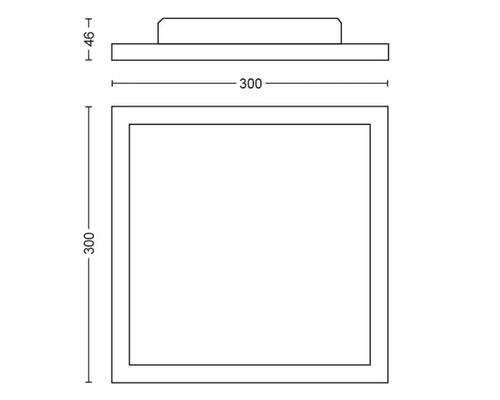 Technische Zeichnung einer quadratischen Deckenleuchte mit Maßangaben.