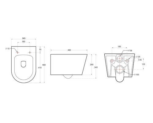 Technische Zeichnung eines Wand-WCs mit Bemaßung