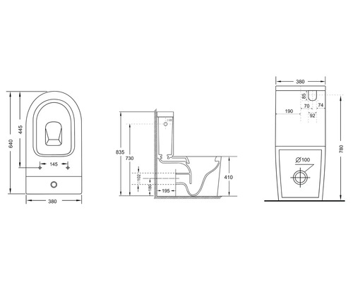 Technische Zeichnung eines Stand-WCs mit Maßen