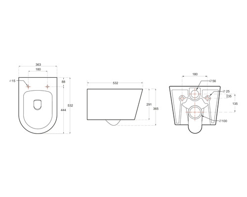 Technische Zeichnung eines Wand-WCs mit Maßangaben