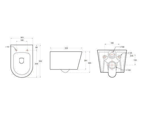 Technische Zeichnung eines Wand-WCs mit Maßangaben