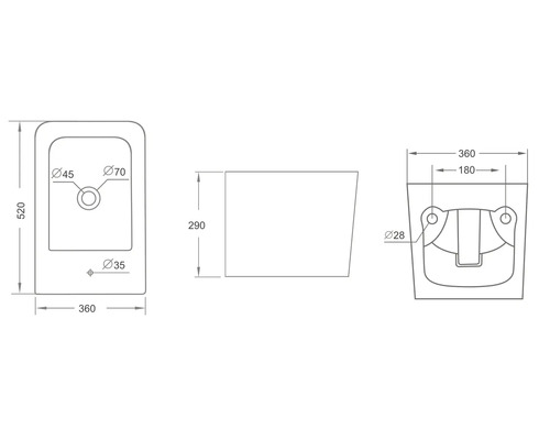 Technische Zeichnung eines Waschbeckens mit Maßangaben