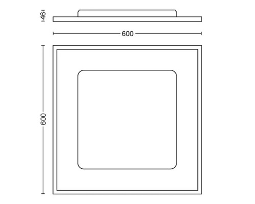 Technische Zeichnung einer quadratischen Deckenleuchte mit abgerundeten Ecken, Maße 600 x 600 mm