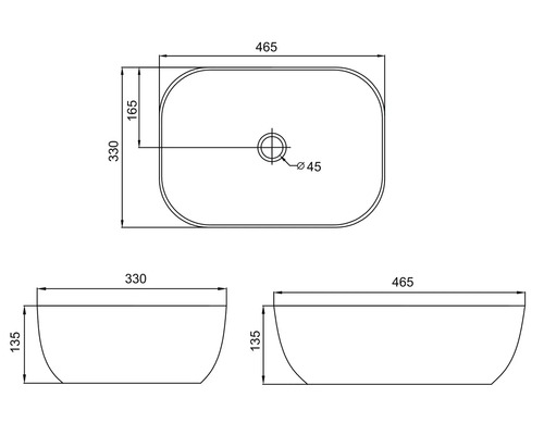 Technische Zeichnung eines Aufsatzwaschbeckens mit Maßangaben