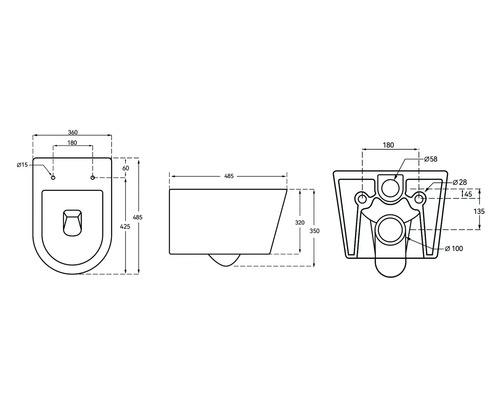 Technische Zeichnung einer Toilette mit Maßangaben