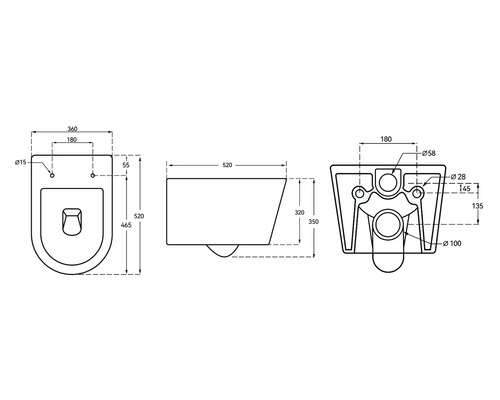Technische Zeichnung eines Wand-WCs mit Maßangaben